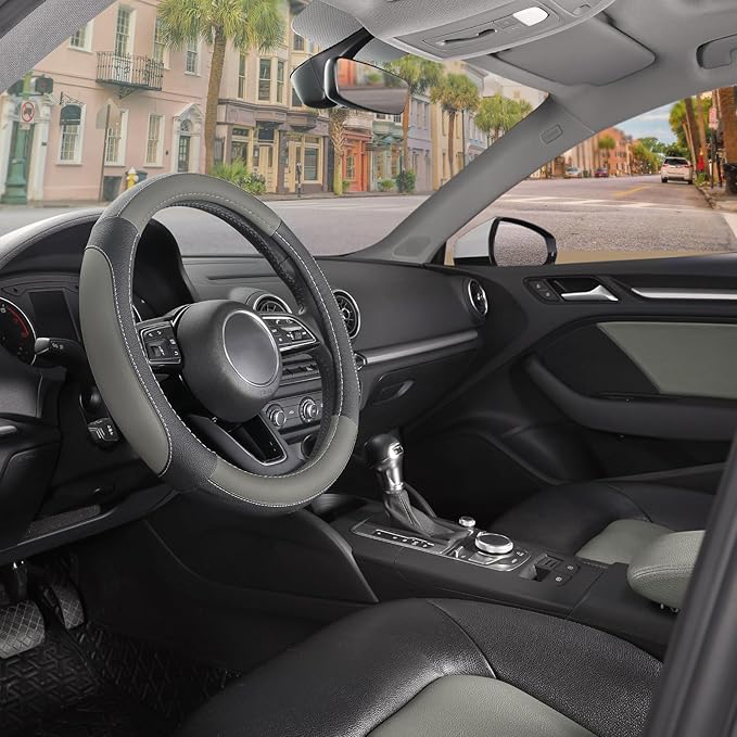 SEG Direct Car Steering Wheel Cover for Prius Civic Model 3 Model Y Camaro, Small Size 14-14.25 inch, Black and Gray Microfiber Leather