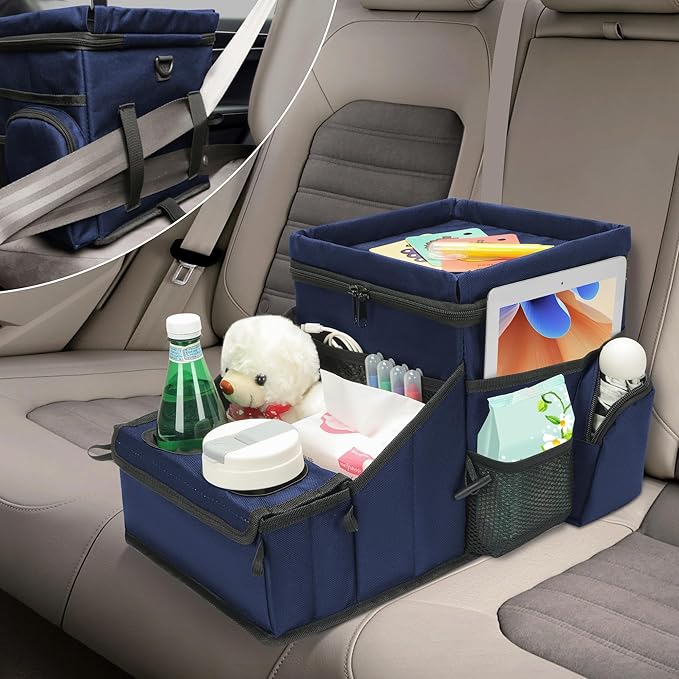 Car Seat Organizer, Backseat Car Organizer with Cup Holder Tray and Storages for Kids and Adults, Portable Travel Cooler for Car for Front or Back Seat Passenger Organizer Ccompartment (Navy Blue)