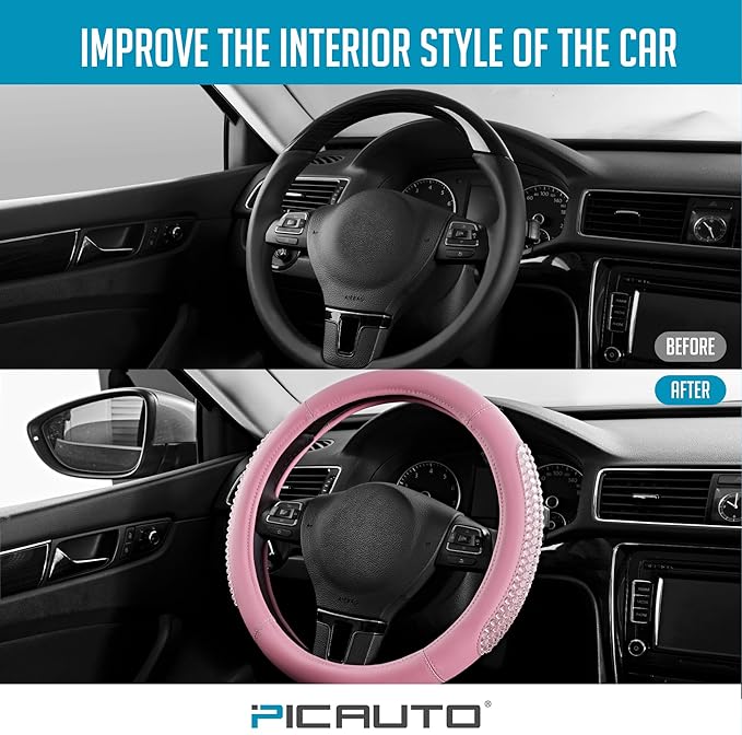 PIC AUTO Steering Wheel Cover, Glitter Gel Particles & Pink Luxury Leather Car Steering Cover, Universal Fit 14.5"-15.5" Anti-Slip Car Wheels Cover for Girls & Women