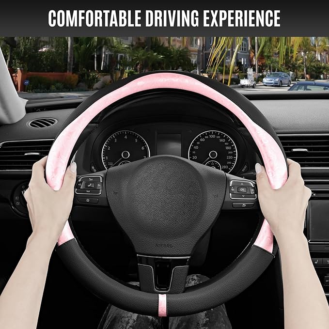 PIC AUTO Steering Wheel Cover, Pink Patterned & Black Leather Patchwork Design, Universal Fit 14.5"–15.5", Anti-Slip, Odor-Free, Soft PU Grain Leather, Durable Grip Car Accessory for Girls & Women