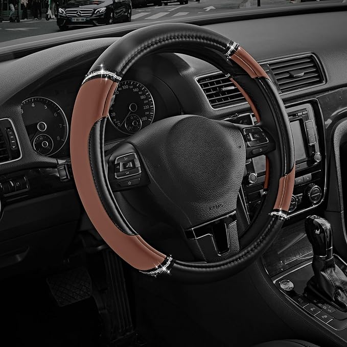 Road Comforts Leather Steering Wheel Cover - Made with PVC Leather - Anti-Slip, Universal Fit 14 1/2 inches to 15 inches - Brown