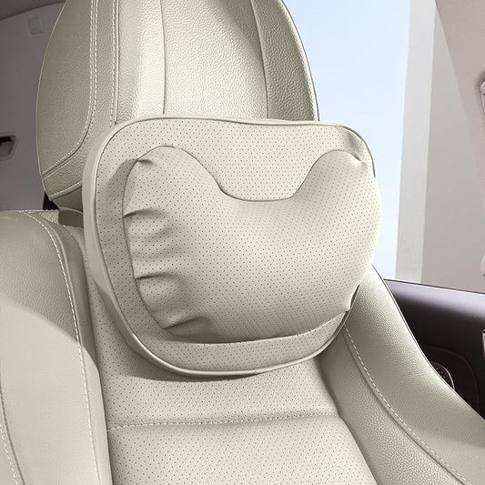 Car Neck Pillow [No More Pressure] Soft Comfortable Premium Leather Headrest with Adjustable Strap – Ergonomic Support for Driving, Office & Gaming, Off White (Beige), 1 Pack