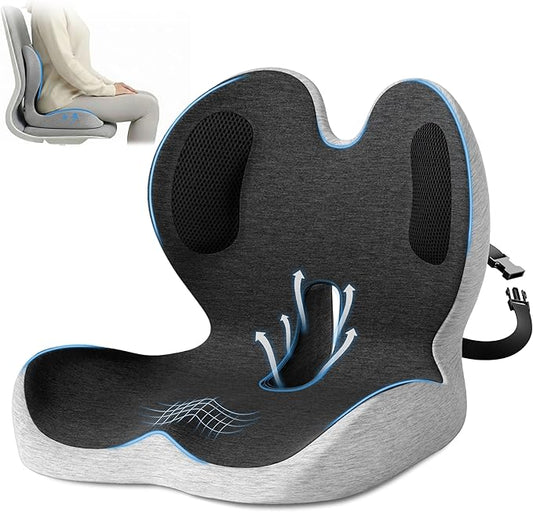 Office Chair Cushions with Lumbar Support Pillow, Soothe Back and Seat Cushion Memory Foam, Non Slip Adjustable Strap for Lower Back Pain Sciatica Relief Office Workers Car Drivers (Black+Light Gray)