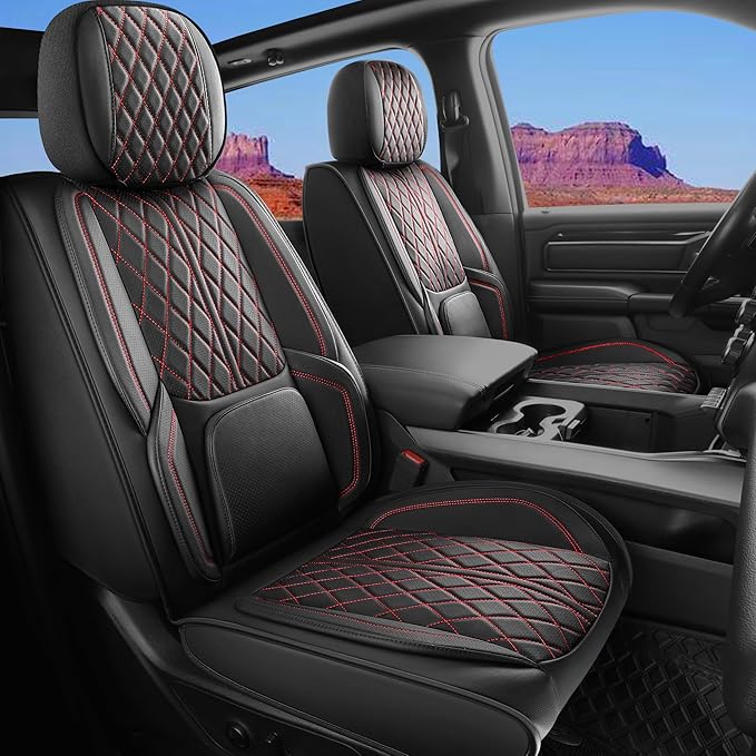 Car Seat Cover Custom Fit for Ford F150 2009-2026 Faux Leather Seat Cover Set Compatible with Regular Cab Super Cab Super Crew Pickup Truck Cushions (Black Redline, Front Seat)