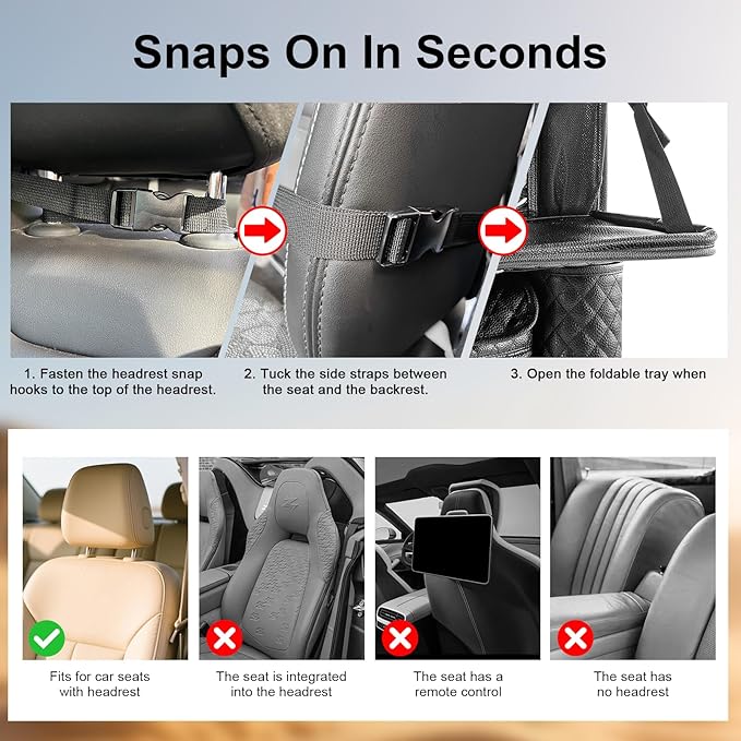 Car Seat Organizer with Foldable Table Tray - 11 Storage Pockets PU Leather Backseat Organizer with Tablet Holder, Seat Back Protector Kick Mat for Kids Family Road Trip Accessories (Black)