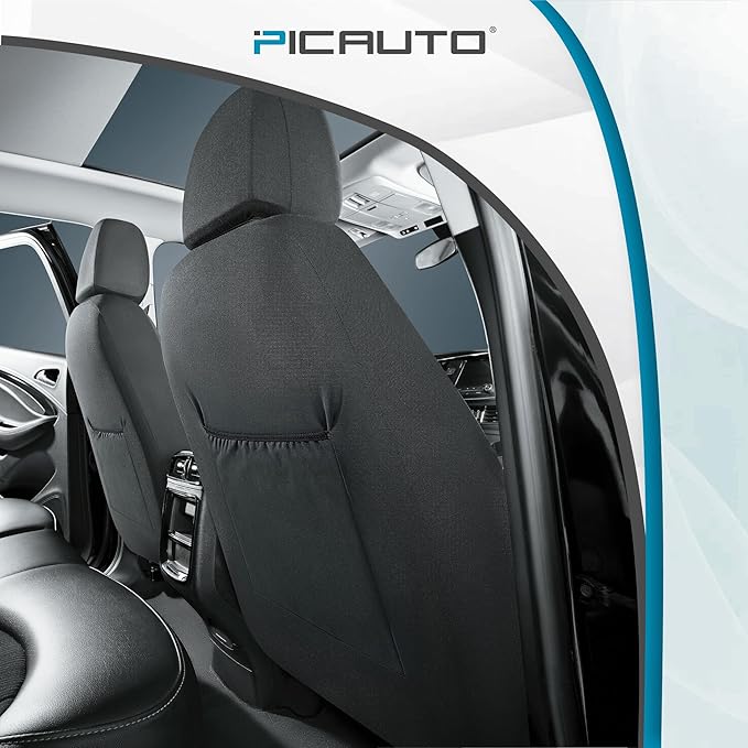 PIC AUTO Leather Car Seat Covers, Premium Automotive Waterproof Front & Rear Full Set Bucket Car Seat Protectors, Black and Gray PVC Patchwork, Fits for Cars, Trucks, Van, SUV, Airbag Compatible