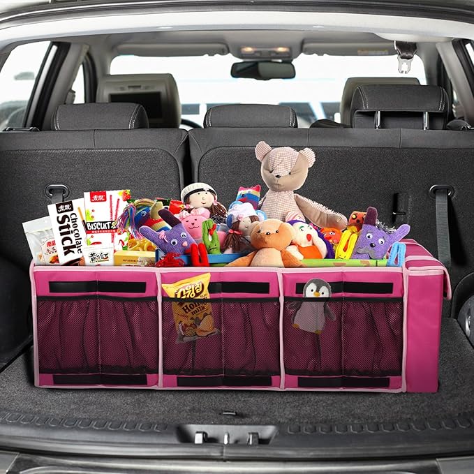 Collapsible Trunk Organizer with Insulated Leakproof Cooler Bag,Removable Lid,Adjustable Securing Straps,3 Compartments Trunk Organizer for SUV,Truck,Sedan(Pink)