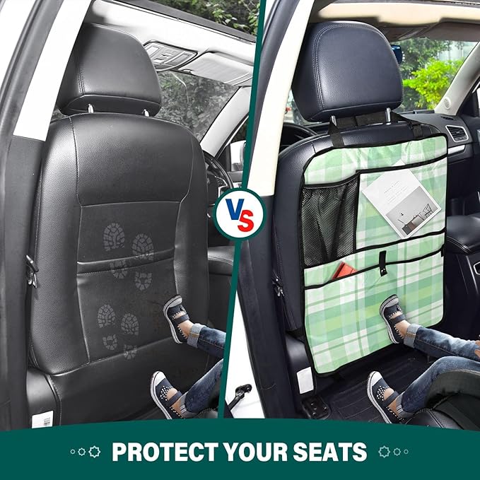 Automotive Seat Back Organizers Car Seat Organizer Waterproof Car Back Storage Kick Mat, Backseat Car Organizer with Pockets,Car Seat Protector Fit All 1Pcs Green-checkered