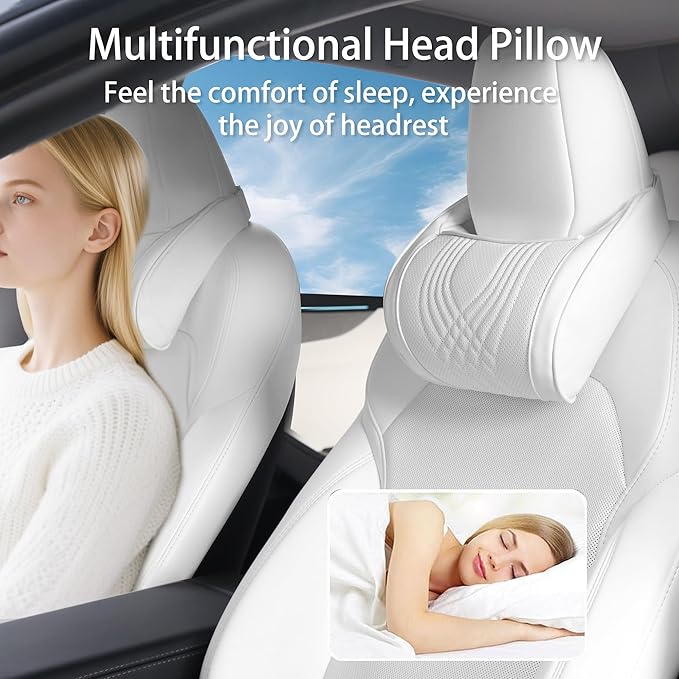 Car Headrest Memory Foam Neck Pillow for Driving with Leather Cover Soft Comfortable Seat Head Pillow Cushion for Most Cars SUV Sedan Home Office, White, 1PC