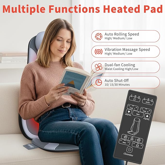 Shiatu Back Massager with Heat & Cooling, Kneading Rolling Vibration Chair Massager for Deep Tissue Pain Relief, Massage Chair Pad for Home & Office