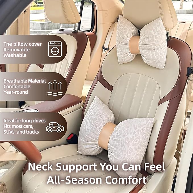 Car Headrest Pillow with Leopard Print Chic Car Interior Breathable Neck Support Cushions Fits for Most Cars (Beige Pillow)
