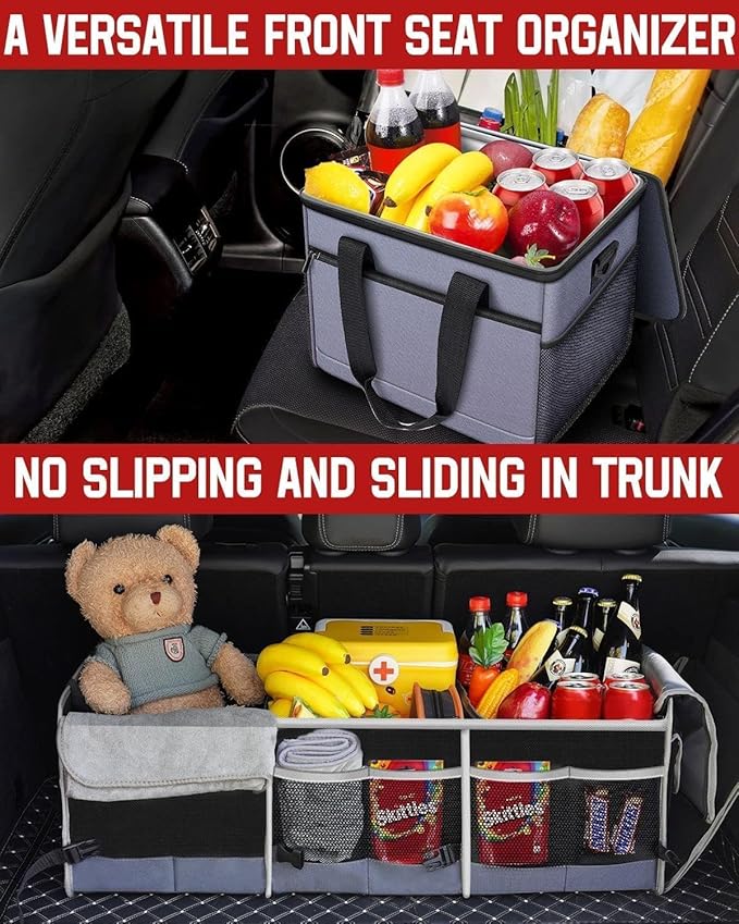 Car Trunk Organizer with Portable Leak Proof Cooler Bag, 3 Compartments Collapsible Car Organizers and Storage with Foldable Cover, Christmas Gifts, Suitable for SUV, Auto, Truck, Minivan