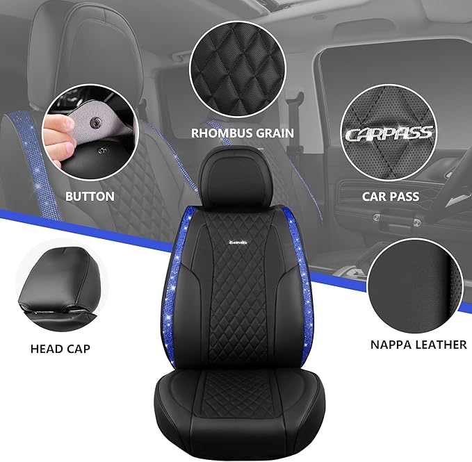 CAR PASS Nappa Leather seat Covers Bling Diamond Car Seat Covers Full Set Universal Cushioned, Waterproof Heavy-Duty Anti-Slip Luxury, Fit for SUV Sedan,Sparkly Glitter Women Crystal Blue Rhinestone