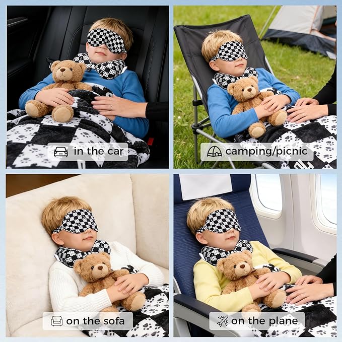 Travel Pillow with Detachable Flannel Blanket & Eye Mask – Plush Velvet Neck Support Pillow for Airplane,Car,Office Rest,Coordinated Digital Print Set (Black Dog Claw Grid, 50in * 60 in)