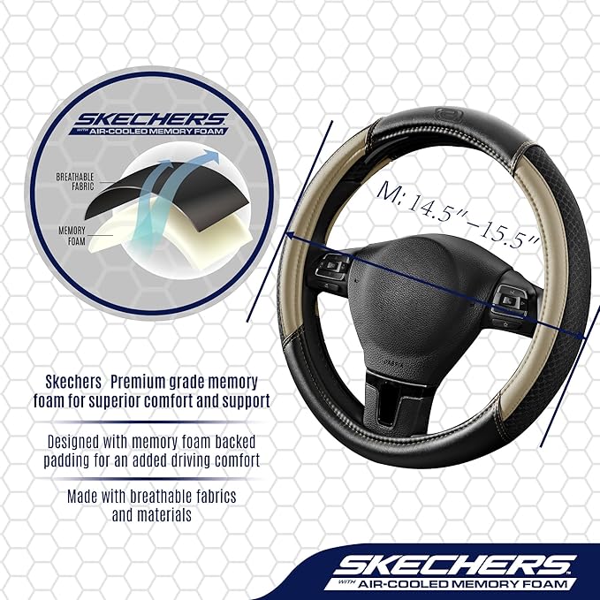 Skechers Air-Cooled Steering Wheel Cover,Leather Car Steering Wheel Cover Universal Fit 14" 1/2-15" Car Wheel Protector for Men Women Fit Suvs,Vans,Sedans,Car,Trucks,Beige