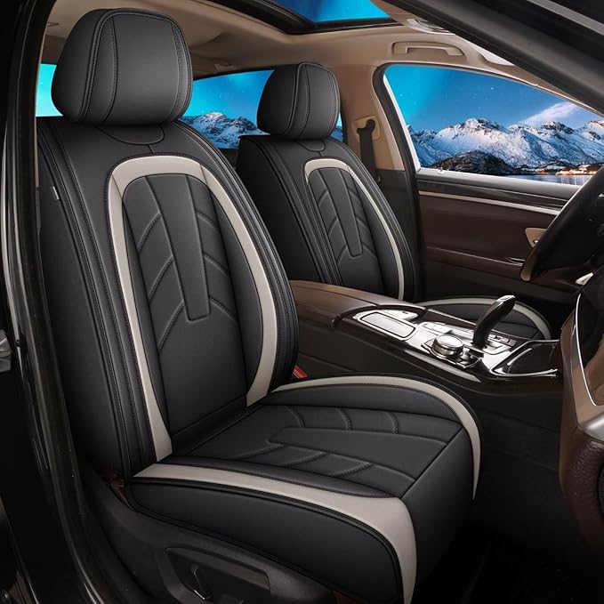 2PCS Front Leather Car Seat Covers Fit for Ford Ranger 2019-2025 Waterproof and Anti Staining Auto Protector Car Seat Covers (Black & White)