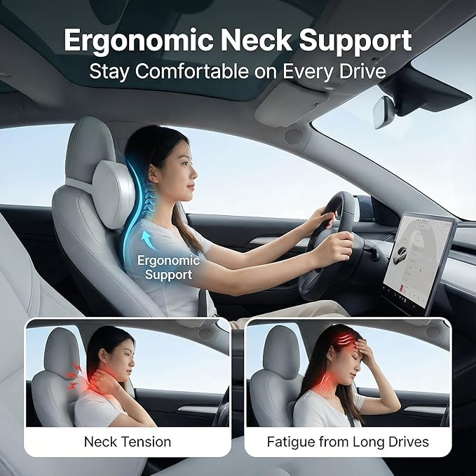 Car Neck Pillow – Premium Memory Foam Headrest with Soft Nappa Leather Feel, Ergonomic Support for Long Drives, Fits Most Vehicles(1, Grey)