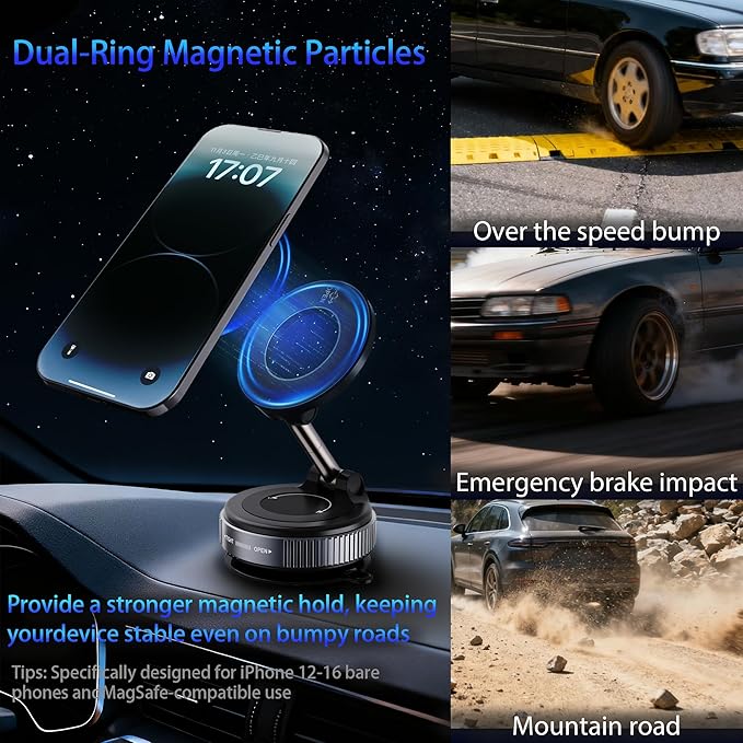 2026 Upgraded Vacuum Magnetic Car Phone Holder 360° Reinforced 96LBS Ultra Suction Cup Phone Mount for MagSafe Cell Phone Holders for Your Car/Gym/Mirror Mount for iPhone & Android