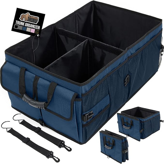GORILLA GRIP Large Capacity Sturdy Trunk Storage Organizer, Slip and Water Resistant Collapsible Organization Container for Car Sedan or SUV, Multi Compartment Box Vehicle Accessories, Blue