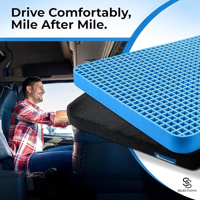 SelectSoma Travel Gel Seat Cushion for Long Sitting - Travel Pad for Car, Truck, Office Chair, Wheelchair - Cooling Gel Cushion for Sciatica, Tailbone, Back Pain, and Pressure Relief