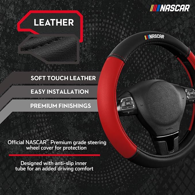 NASCAR Steering Wheel Cover, Two-Tone Red Leather Patchwork, Universal Fit 14.5"-15.5" Steering Covers for Cars, Anti-Slip, Soft Grip, Odor-Free, Trucks & SUVs, Racing Style Interior Upgrade
