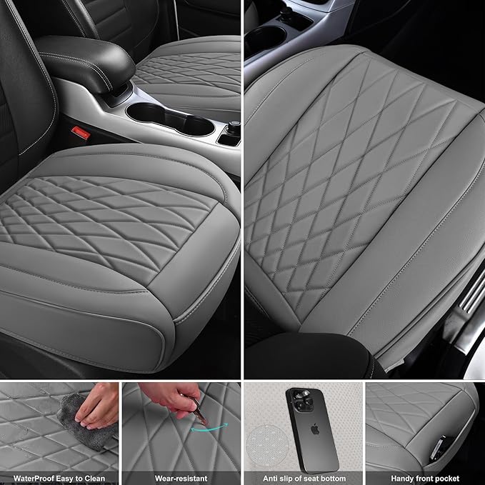 CAR PASS 2 Pack Leather Front Car Seat Covers, Bottom Seat Covers Full Wrapped with Storage Pocket, Anti-Slip Leather Seat Protectors,Waterproof Seat Cushion Pad Universal Fit Sedan SUV Truck, Gray