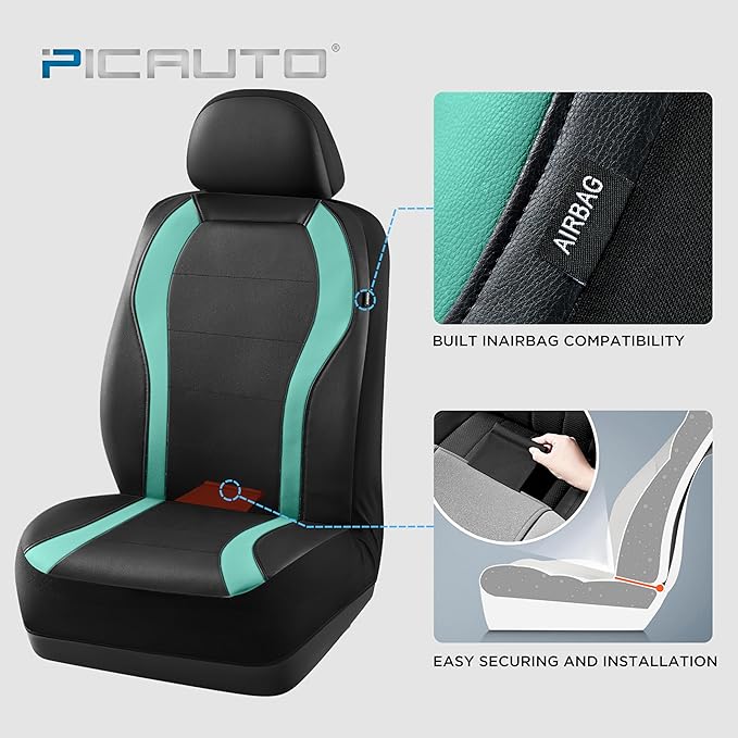 PIC AUTO Leather Car Seat Covers, Premium Automotive Waterproof Two Front Bucket Car Seat Protectors, Black and Green PVC Patchwork, Fits for Cars, Trucks, Van, SUV, Airbag Compatible