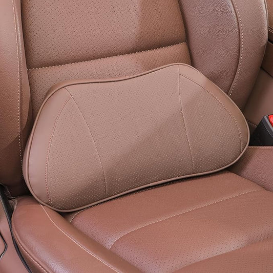 Lumbar Support Pillow for Car, Premium Leather Memory Foam Lumbar Cushion for Lower Back Pain Relief, Universal Back Support for Driving, Home & Office Chairs, Brown, 1 Pack