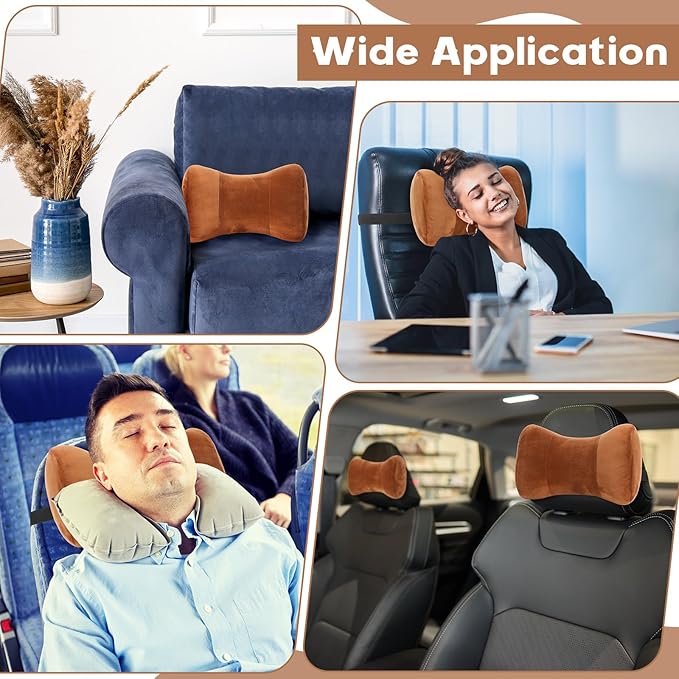 Youyole Car Neck Pillow for Driving Seat 11.8 x 7.87 x 4.7 Inches Office & Gaming Chair Neck Support Pillow Memory Foam with Strap Velvet Cover for Car Driving and Desk Use(Coffee)