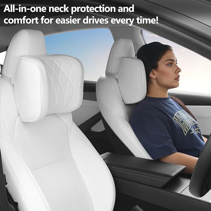 Car Headrest Pillow U-Shaped, Memory Foam Head Neck Support Cushion for Driving, Leather Head Rest Travel Pillows for Sleeping, Breathable Removable Cover, White, 2 Pack
