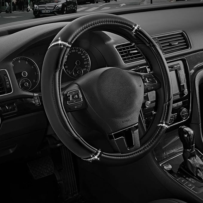 Road Comforts Leather Steering Wheel Cover - Made with PVC Leather - Anti-Slip, Universal Fit 14 1/2 inches to 15 inches - Black