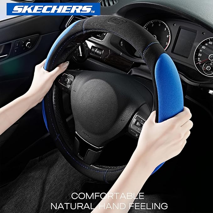 Skechers Steering Wheel Cover, Memory Foam Car Steering Wheel Cover,14.5-15inch Anti-Slip Safety Comfortable Desgin, Universal Accessory for Diverse Cars, Truck,SUV (Black & Blue)
