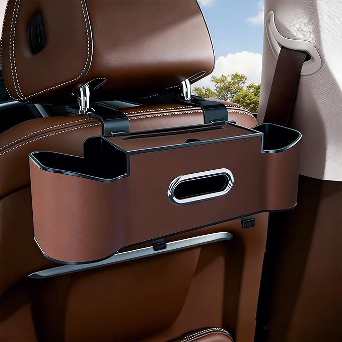 Car Backseat Organizer for Kids & Travelers - 4 in 1 Multifunctional Car Seat Back Storage with Cup Holder, Tissue Box, Snack/Handbag Holder - Nappa Leather Universal Fit for SUV/Van/Sedan (Brown)