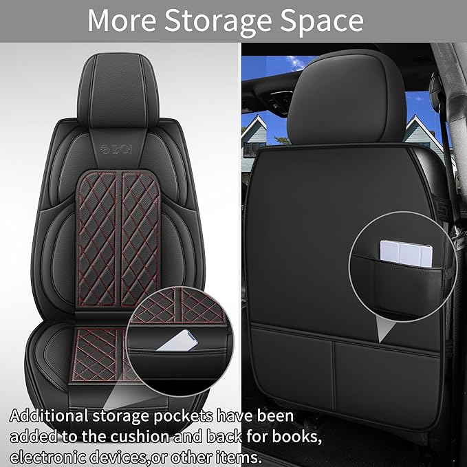 Car Seat Cover Custom Fit for Dodge Ram 1500 2500 3500 2002-2026 Faux Leather Seat Cover Set Compatible with Crew Quad Regular Cab Pickup Truck Cushions (Black Redline, Front Seat)