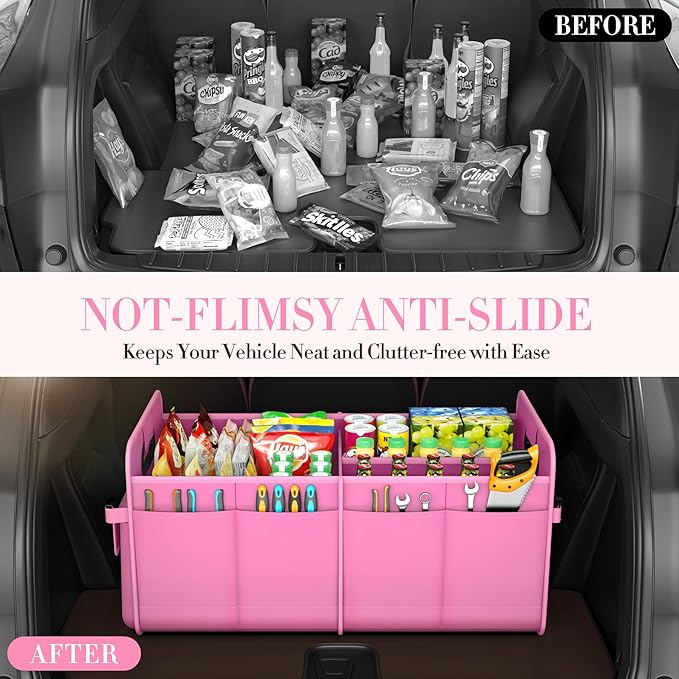 Trunk Organizer For Suv & Sedan,Car Organizers and Storage, Waterproof Collapsible & Adjustable Straps,75L Sturdy Car Organization for Car Accessories, Tools,Sundries,2-3 Compartment（Pink）