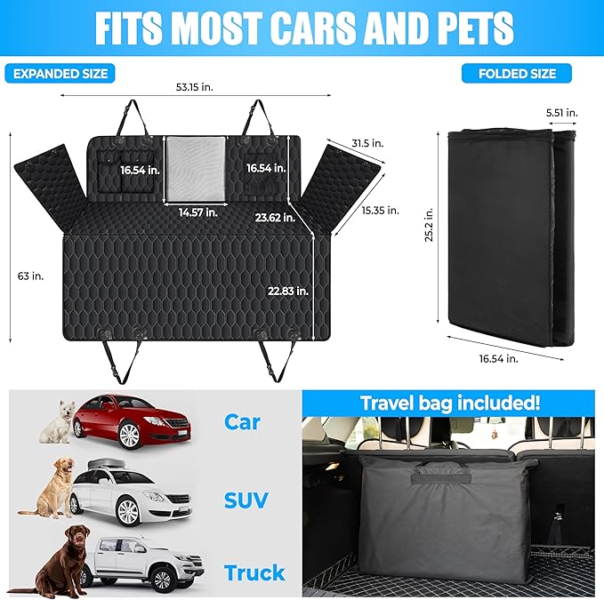 Dog Back Seat Cover Hard Bottom - Holds 400lbs - Waterproof Dog Hammock for Car - 40% Extra Space - Car, SUV & Truck Universal Size - Pet Seat Cover for Back Seat - Seat & Door Protector