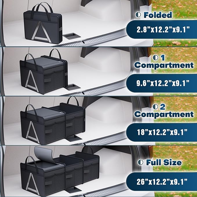 K KNODEL Sturdy Car Trunk Organizer with Premium Insulation Cooler Bag, 3 Compartments Heavy Duty Collapsible for Car, SUV, Truck, or Van (Medium, Black)