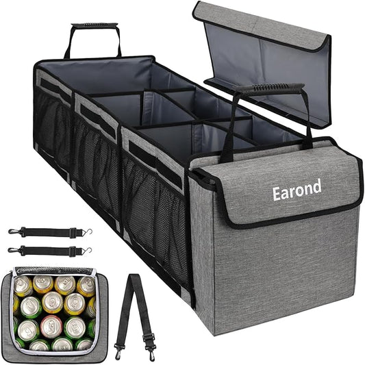 Collapsible Trunk Organizer with Insulated Leakproof Cooler Bag,Removable Lid,Adjustable Securing Straps,3 Compartments Trunk Organizer for SUV,Truck,Sedan(Light Grey)