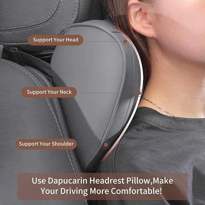Car Headrest Pillow 100% Memory Foam, Breathable Removable Leather Cover, Premium Seat Support Head Neck Cushion for Driving Travel Home Office, Gray, 2 Pack