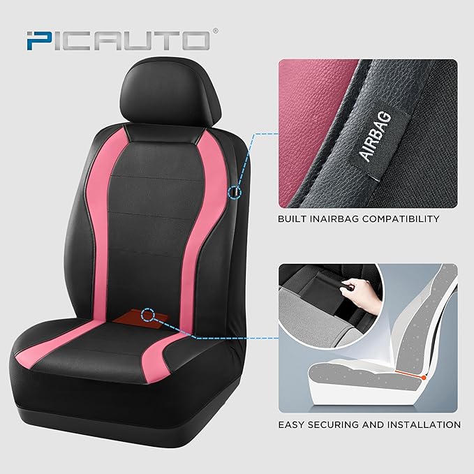 PIC AUTO Leather Car Seat Covers, Premium Automotive Waterproof Two Front Bucket Car Seat Protectors, Black and Pink PVC Patchwork, Fits for Cars, Trucks, Van, SUV, Airbag Compatible