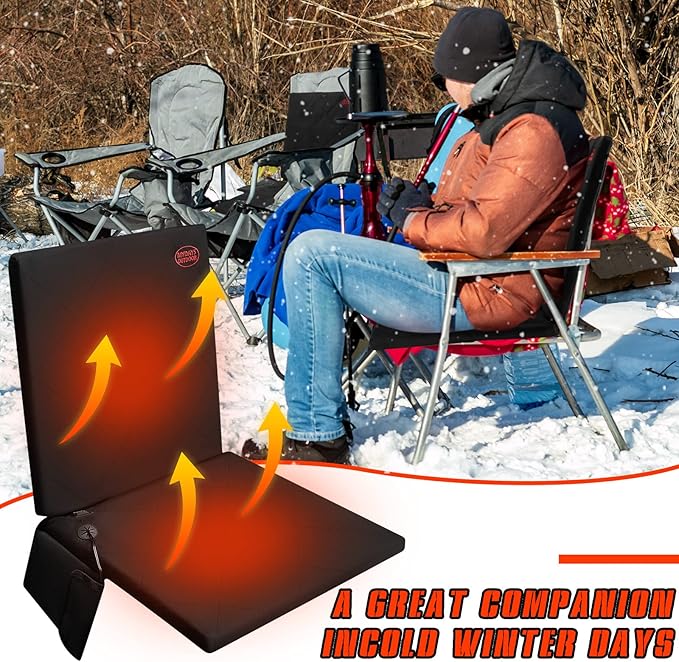 Juexica Portable Heated Seat Cushion Warm Stadium Seats Camping Outdoor with Back Support and 3 Level Winter Heated Seat Cover for Outdoors, No Power Bank(15.7 Inch,Black)