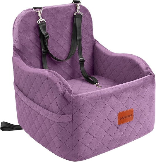 Dog Booster Car Seat for Small/Medium Dogs,Puppy Portable Car Bed with Elevated Cushion,Fully Detachable and Washable,2 Storage Pockets,Easy to Install (Purple, Medium)