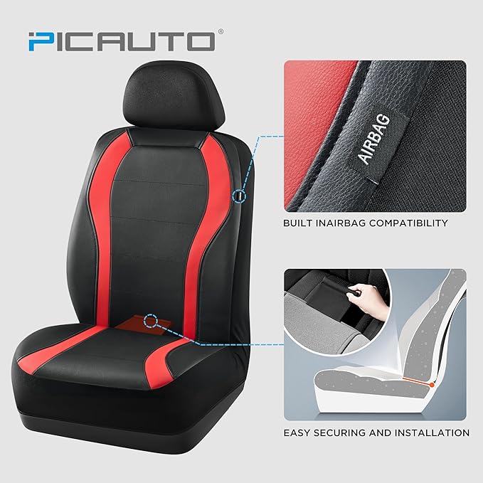PIC AUTO Leather Car Seat Covers, Premium Automotive Waterproof Two Front Bucket Seat Protectors, Black and Red PVC Patchwork, Fits Cars, Trucks, Vans, SUVs, Airbag Compatible