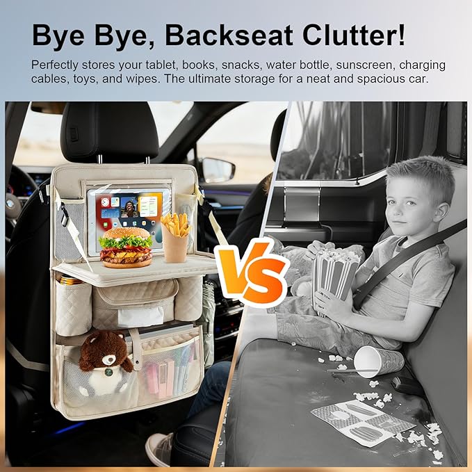 Car Backseat Organizers 2 Pack with Foldable Trays - PU Leather Back Seat Organizers with 11 Storage Pockets, Tablet Holders, Seat Back Protectors for Kids Family Travel Accessories (Beige)