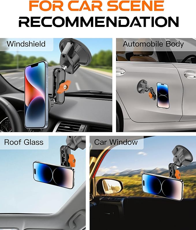 chubbycable ChubbyGrip Magnetic Dash Mount Vacuum Magnetic Phone Holder for Your Car 360° Adjustable Suction Cup Magsafe Car Phone Mount for Windshield Dashboard, Magnetic Phone Holder, Orange