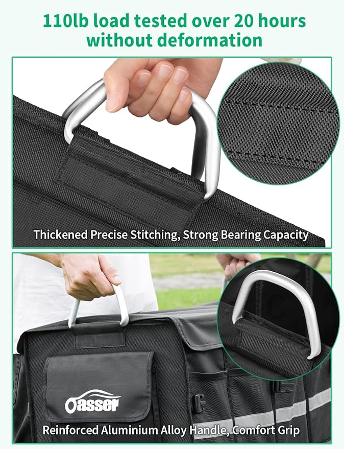 Oasser Trunk Organizer Cargo Organizer Trunk Storage Waterproof Collapsible Durable Multi Compartments with Foldable Cover Aluminium Alloy Handle Reflective Strip (Large, Black)