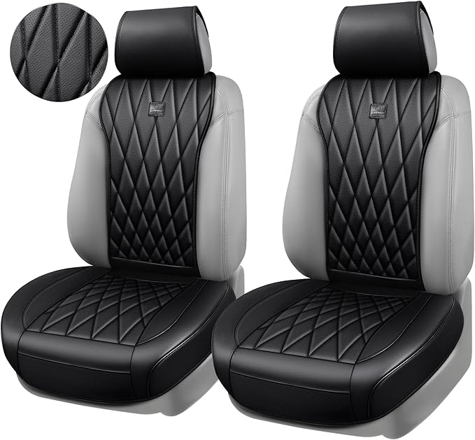 CAR PASS Luxury Napa Leather Front Car Seat Covers, Sideless Car Seat Protectors with Storage Pocket, Non-Slip Automotive Seat Cover for Cars Trucks SUV, Airbag Compatible, 2 Pack (Black)