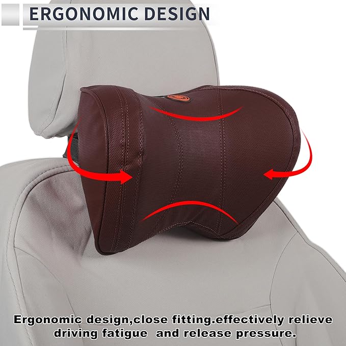 Car Headrest Pillow Ergonomic Comfortable Neck Support Pillow Nappa Leather and Memory Foam Adjustable Width Coffee 1 Pc for Driving Travel