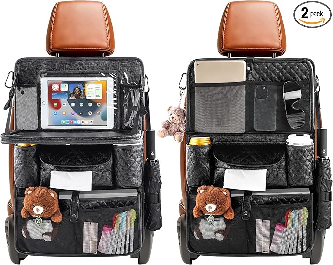 Car Backseat Organizers 2-Pack with Foldable Tray - PU Leather Back Seat Car Organizers with 11 Storage Pockets, Tablet Holders, Kick Mats Protectors for Kids Family Travel Essentials (Black)