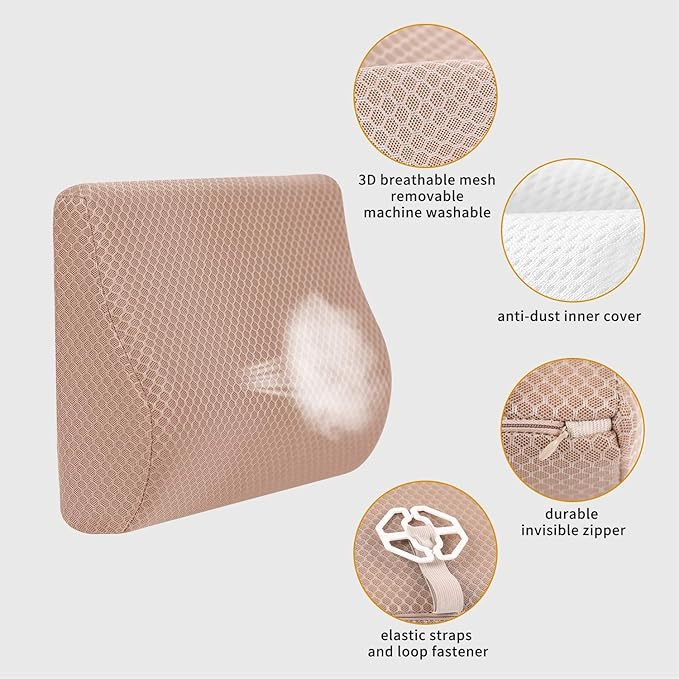 Memory Foam Lumbar Support Pillow for Car - Lower Back Support Cushion for Driving, Back Pain Relief for Car Seat, Office Chair, Wheelchair (Beige)